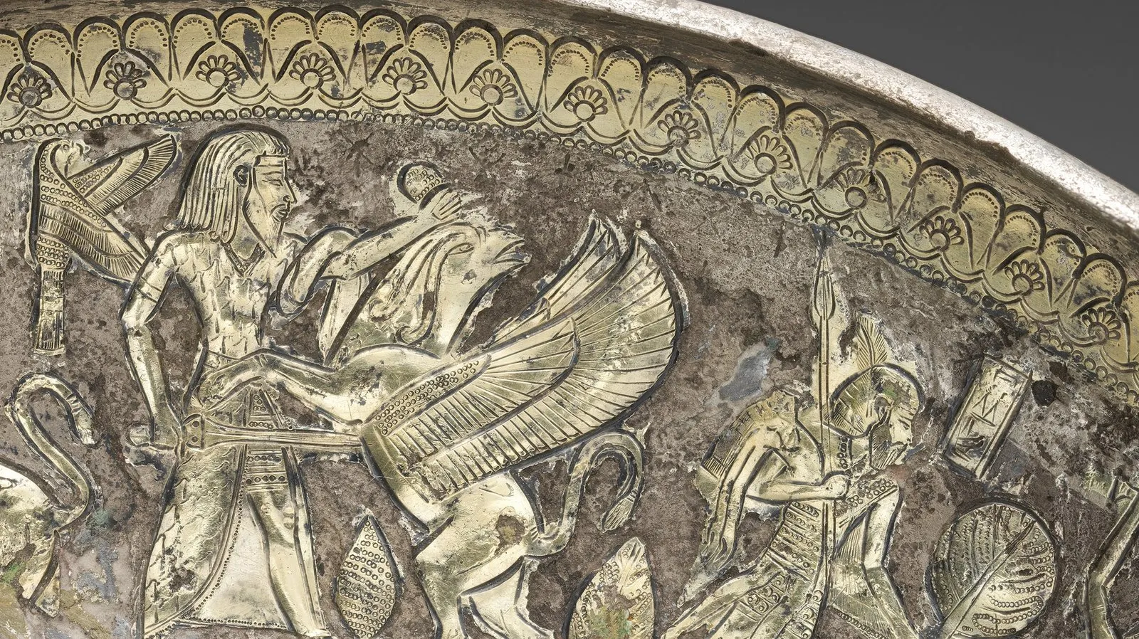 Cypriot gilt silver bowl depicting Near Eastern motifs.