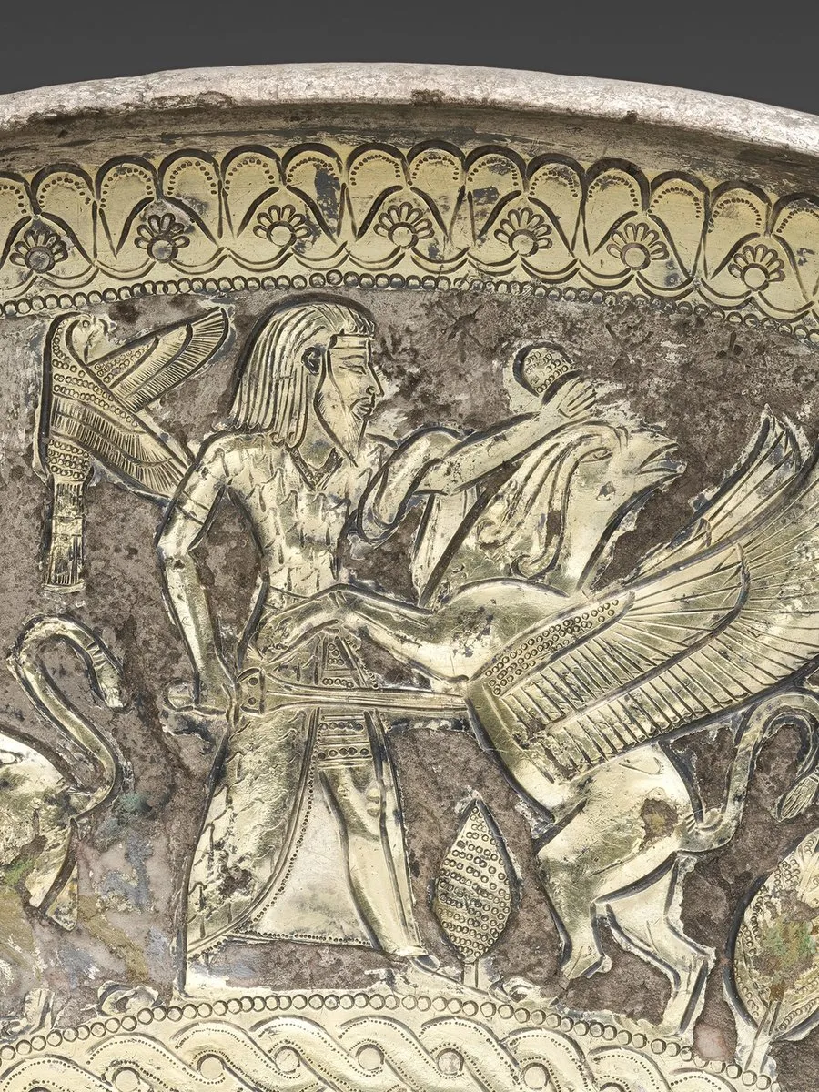 Cypriot gilt silver bowl depicting Near Eastern motifs.