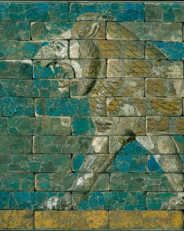 Babylonian blue and gold ceramic panel depicting a lion.